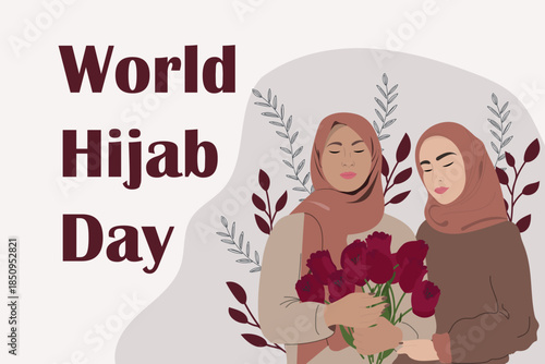 World Hijab Day. Arab mom and adult daughter vector illustration