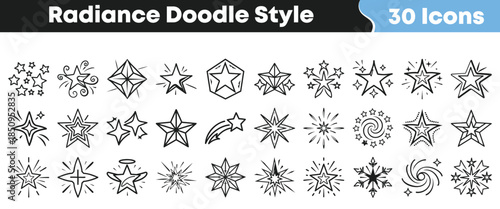 Collection of thirty unique hand drawn radiance doodle style star icons for graphic design and festive decorations on transparent background