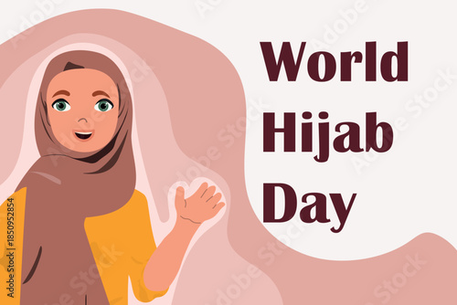 World Hijab Day with girl. Template for banner, poster, postcard in yellow and grey colors. Vector illustration