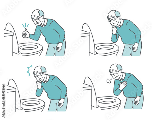 トイレで便の状態を確認する高齢男性のイラストセット（OK・困る・驚く・安心）