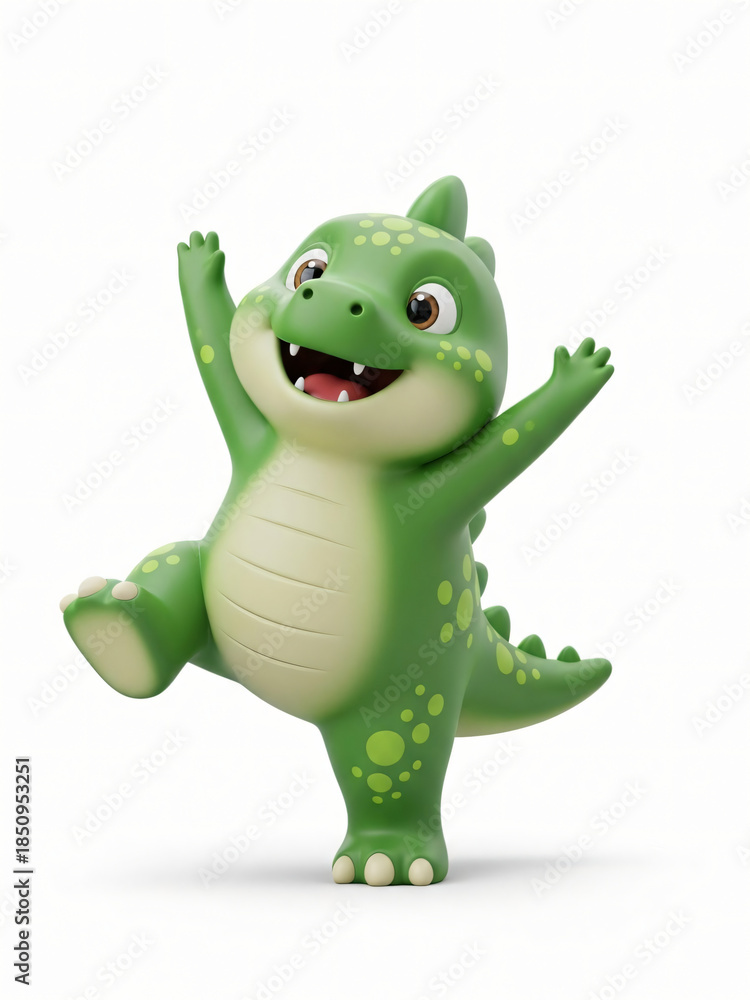 Fototapeta premium Adorable cartoon green dinosaur character with a cheerful expression and playful pose, isolated on a white background