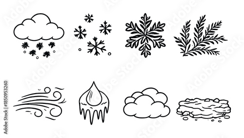 Winter symbols: clouds, snowflakes, frost, wind, ice, christmas elements