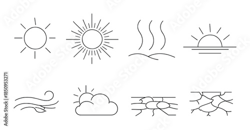 Minimalist weather icons: sun, clouds, wind, rain, heat, crack