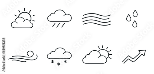 Minimalist weather icons: clouds, rain, wind, sun, snow, temperature, forecast