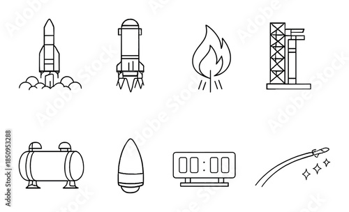 Minimalist space icons: rocket, fire, launch pad, tank, capsule, timer, trail