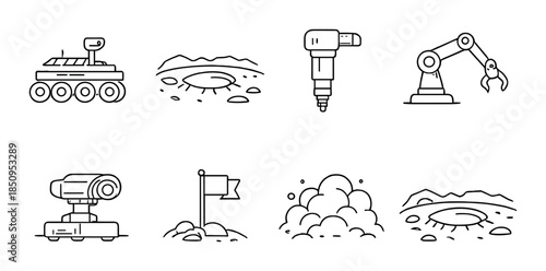 Set of space exploration icons including rover, drill, robot arm, and lunar surface elements