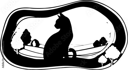 Elegant cat silhouette gazing over a serene landscape in modern black and white design evokes tranquility, perfect for branding and creative projects