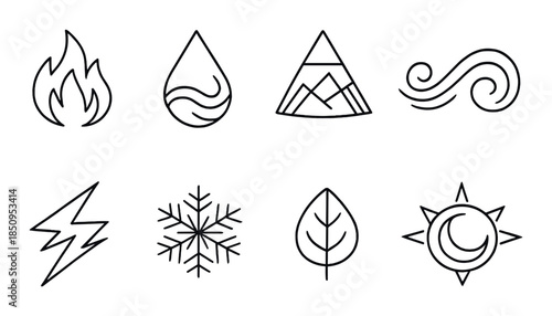 Minimalist symbols of nature's elements: fire, water, earth, air, lightning, ice, leaf, moon