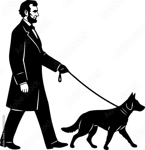 Presidential walkies Abraham Lincoln strolling confidently with his dog on leash, classic historical figure with canine companion, leadership and loyalty