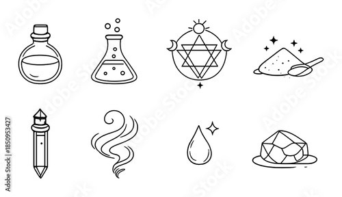 Set of eight minimalist alchemy symbols on gray background