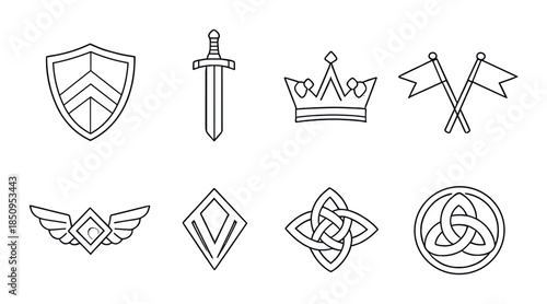 Set of medieval symbols: shield, sword, crown, flags, wings, diamond, knot, triquetra