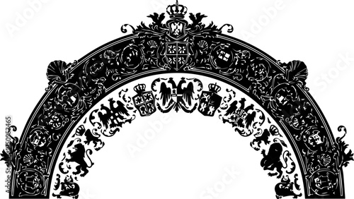 Ornate heraldic archway with royal crests and decorative flourishes for elegant designs, vintage invitations, and historical themes with classic appeal