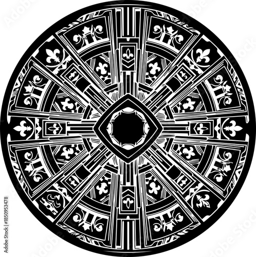 Intricate circular geometric design with floral accents, perfect for elegant invitations or classic branding, originally created as a scalable graphic