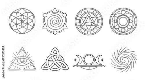 Intricate geometric and mystic symbols on metallic background