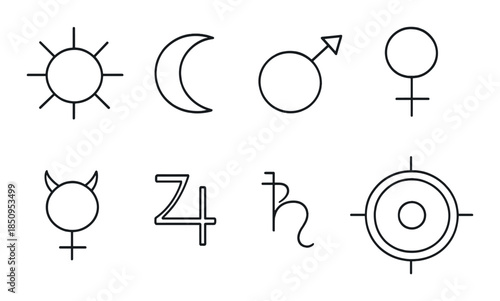 Astrological symbols on gradient background: sun, moon, mars, venus, mercury, jupiter, saturn, pluto