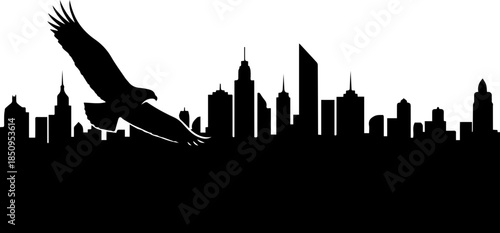 Soaring eagle silhouette with city skyline, majestic bird flying over urban landscape, symbolizing freedom, power and American spirit, originally scalable vector graphic