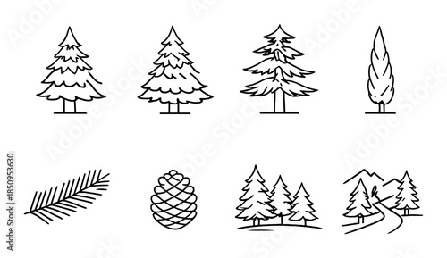 Stylized black and white tree and forest icons set