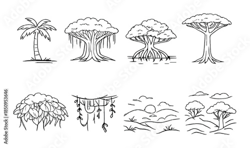 Black and white tropical tree illustrations with various landscapes