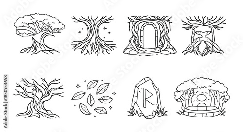 Monochrome tree and rune symbols on gray background