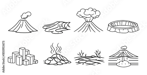Volcano eruption and geological phenomena illustrations