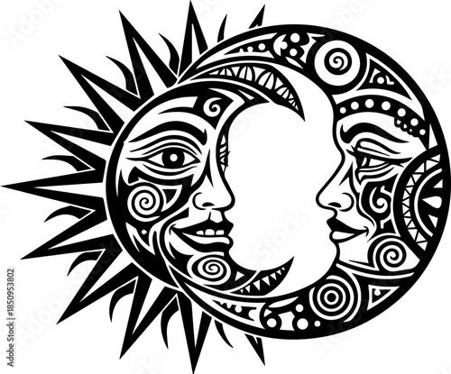 Mystical sun and moon faces embrace, symbolizing cosmic balance and duality in an ancient, ornate design perfect for spiritual or astrological themes.
