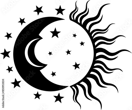 Celestial harmony of sun moon and stars symbolizing balance cosmic wonder and the cycle of day and night creating an enchanting visual narrative