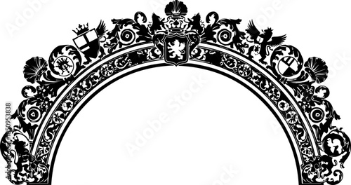 Elegant vintage ornate archway design with heraldic crests and intricate scrollwork, perfect for invitations or luxurious branding.