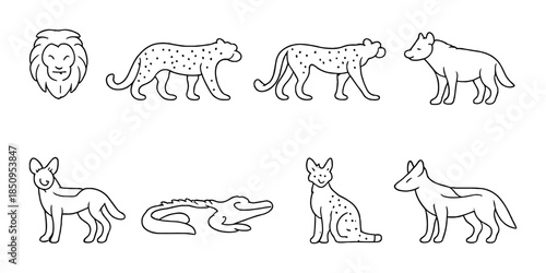 Outline drawings of african safari animals on gray background
