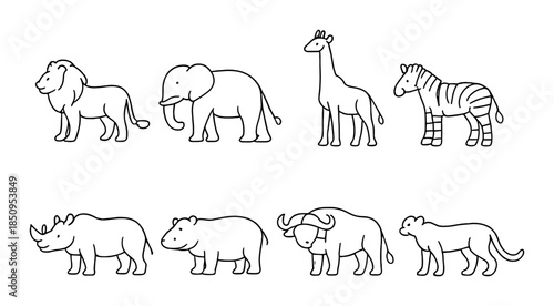 Black and white outline drawings of diverse safari animals