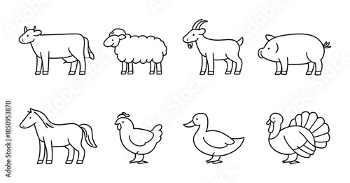 Cartoon farm animals collection featuring cow, sheep, goat, pig, horse, chicken, duck, turkey