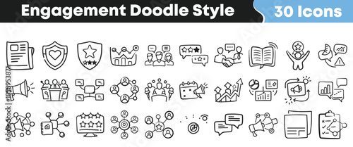 Collection of thirty hand drawn doodle style icons representing business engagement marketing feedback and achievement on transparent background