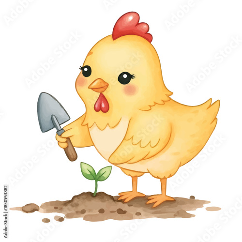 A cute cartoon chicken happily standing with eggs on a sunny farm in spring