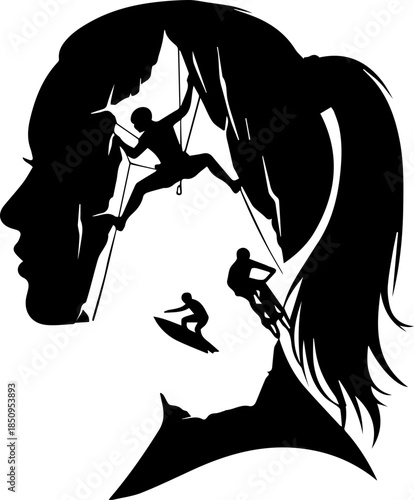 Dynamic woman's silhouette embodies adventure spirit with extreme sports activities layered within, inspiring ambition and daring pursuits.