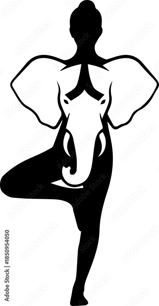 Fototapeta premium Embrace tranquility and balance with this unique yoga pose, blending human form with the wisdom of an elephant spirit for inner peace and strength.