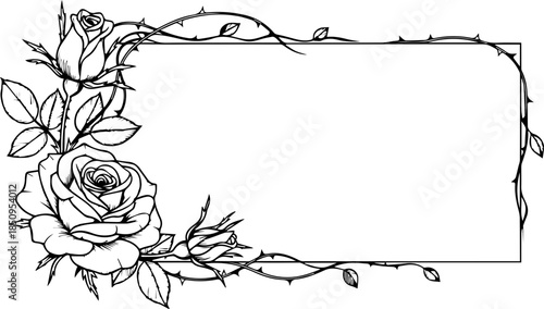 Elegant vintage rose floral frame design for invitations announcements cards elegant decorative border with blooming flowers and thorny vines