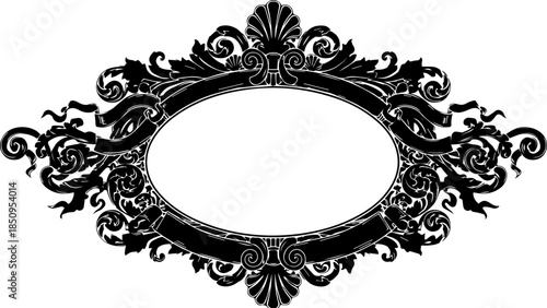 Elegant ornate black decorative frame with swirling flourishes and ribbon accents, perfect for invitations, certificates, or vintage designs.