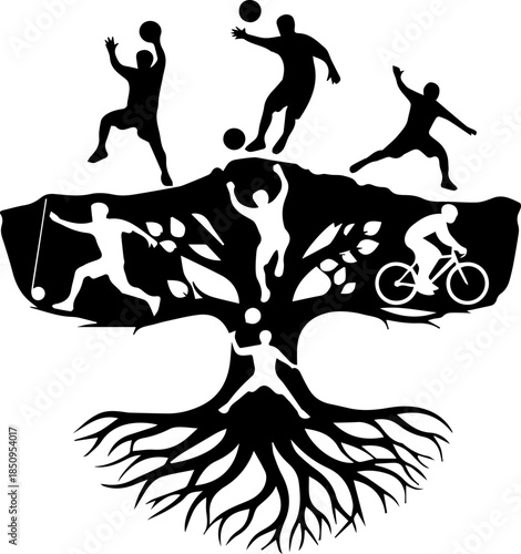 Dynamic individuals engage in diverse sports, symbolizing growth, achievement, and active living connected by a strong, rooted tree.