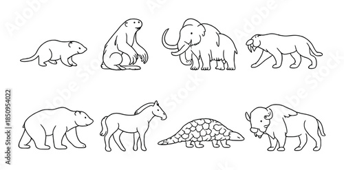 Cartoon ice age animals set: mammoth, saber-tooth, sloth, armadillo, bear, horse, bison