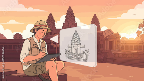 Man Sketching Temple on Paper Tablet.