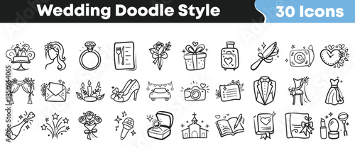 Charming collection of thirty hand drawn wedding doodle style icons perfect for invitations and romantic designs on transparent background