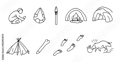 Ancient human activities and tools illustrations depicting primitive lifestyle