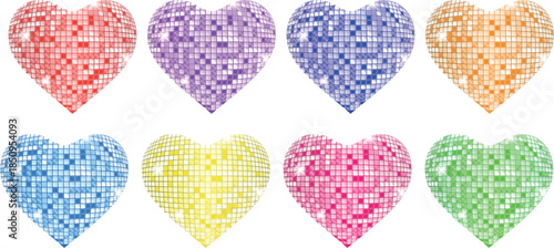 Disco Hearts in Different Colors – Shiny Party Heart Shapes PNG on Transparent Background