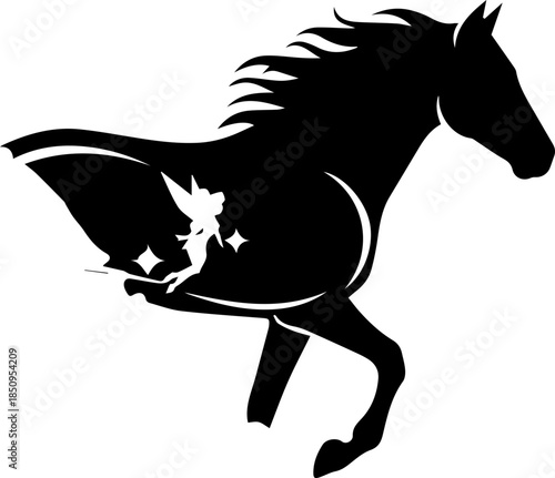 Majestic silhouette of a galloping horse with a whimsical fairy and sparkling stars within its form, evoking fantasy and freedom.