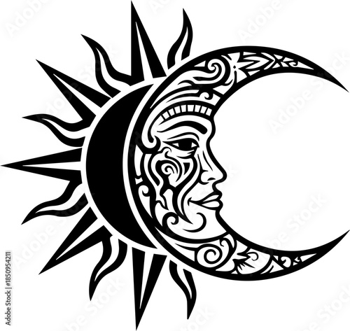 Mystical sun and moon face design blending celestial power and ancient symbolism for spiritual or artistic projects