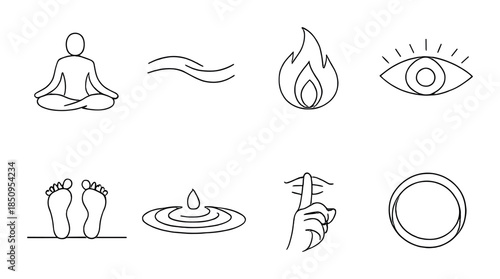 Minimalist zen and wellness symbols: meditation yoga fire water eye elements