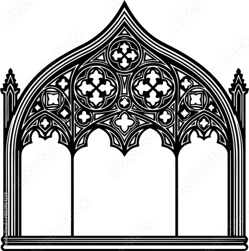 Intricate gothic window tracery design, architectural detail, historical elegance, ornate ornamental framing for beautiful building facades and religious structures.