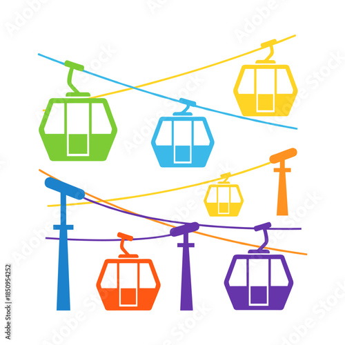 Colorful cable car gondolas transporting on ski lift lines