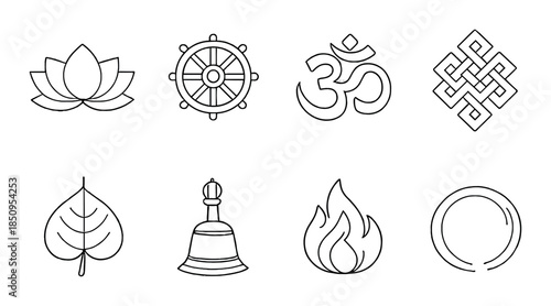 Buddhist and hindu symbols: lotus, dharma wheel, om, knot, bodhi leaf, bell, fire, enso