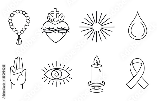 Sacred symbols: rosary, sacred heart, sunburst, water drop, hand, eye, candle, ribbon