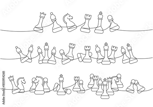 Multiple minimalist chess piece compositions in one continuous line vertical design